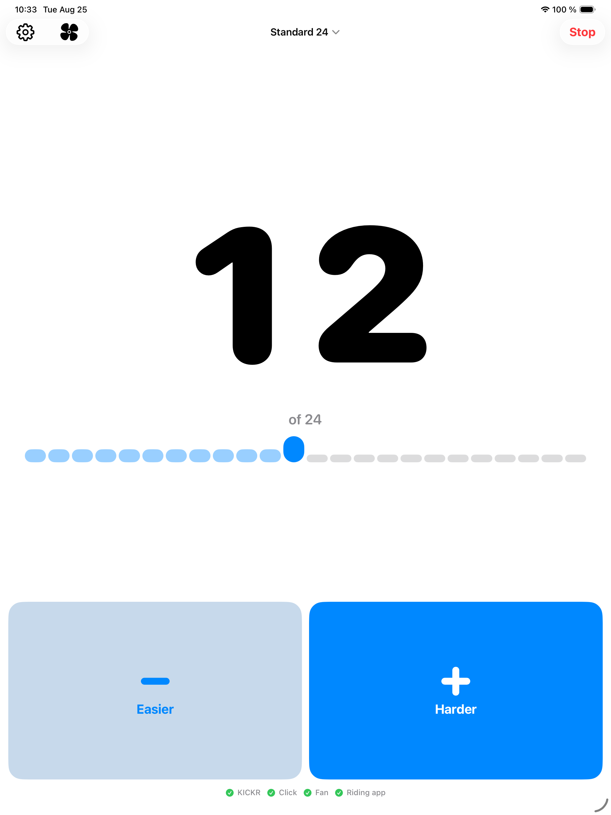 The native 13-inch iPad ride screen showing gear 12 and the large Easier and Harder controls