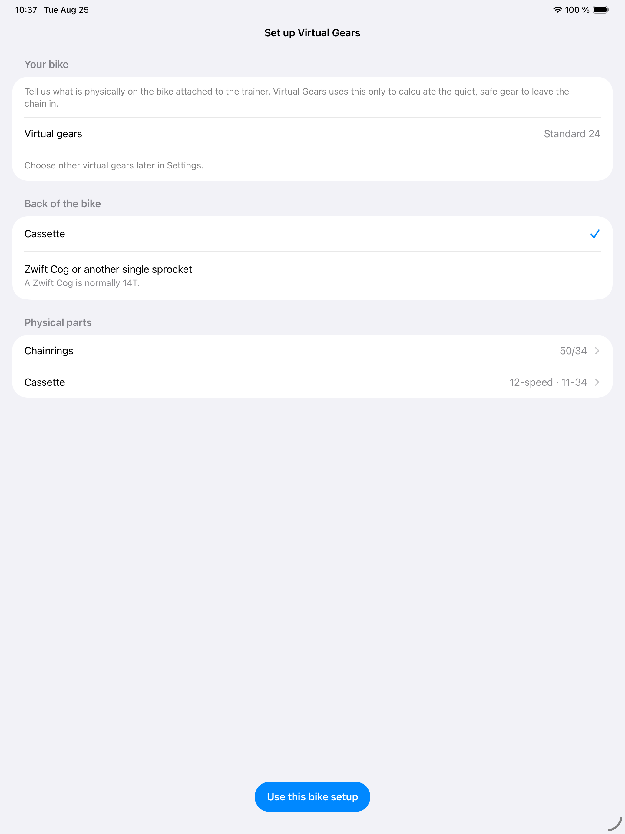 The native 13-inch iPad first-run bike setup screen