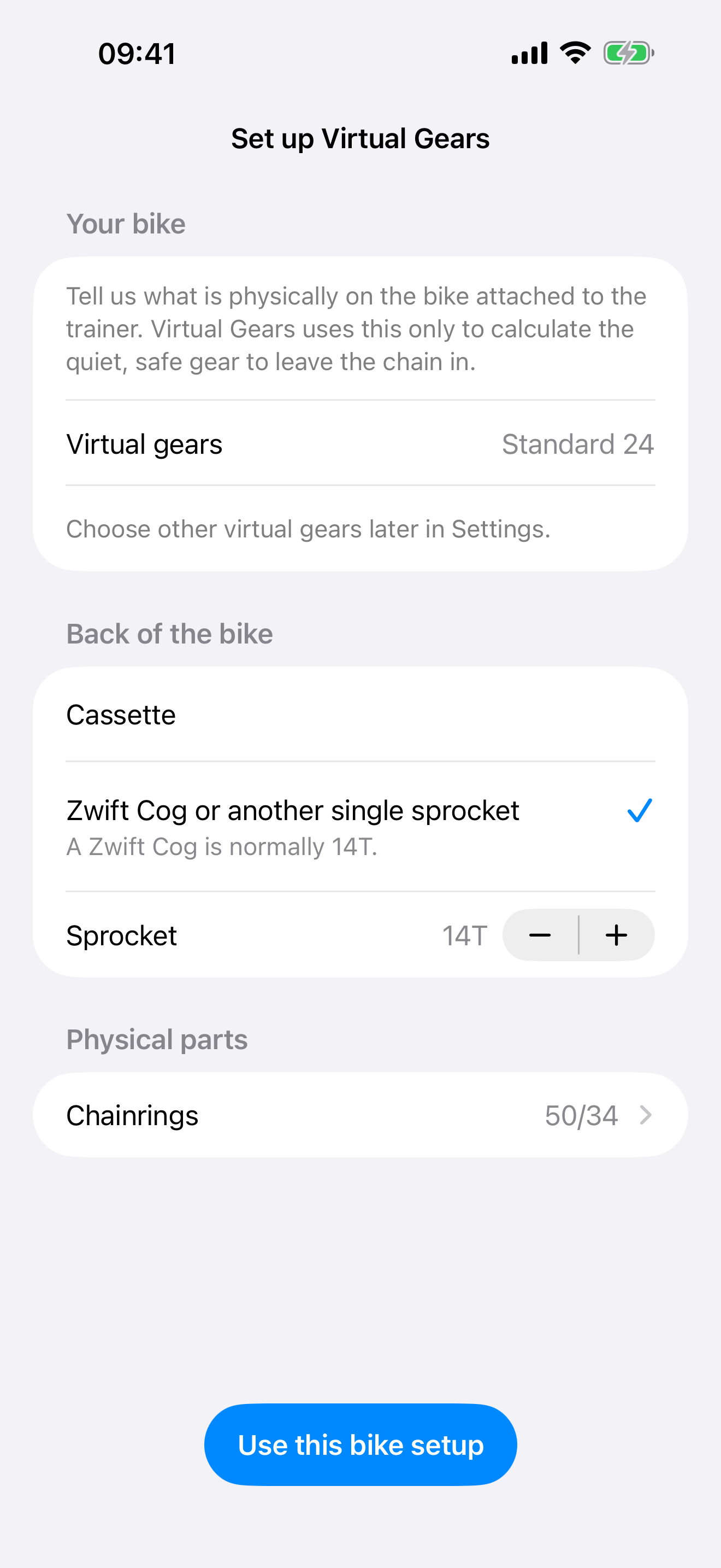 First-run setup with Zwift Cog or another single sprocket selected