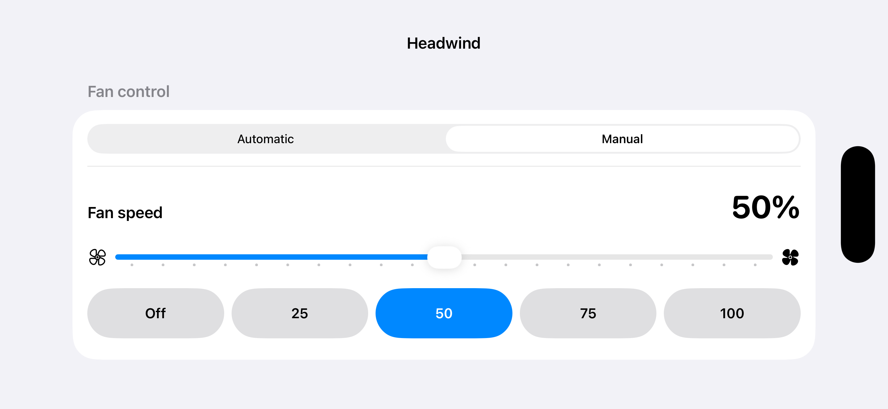 Headwind manual fan control at 50 percent in landscape