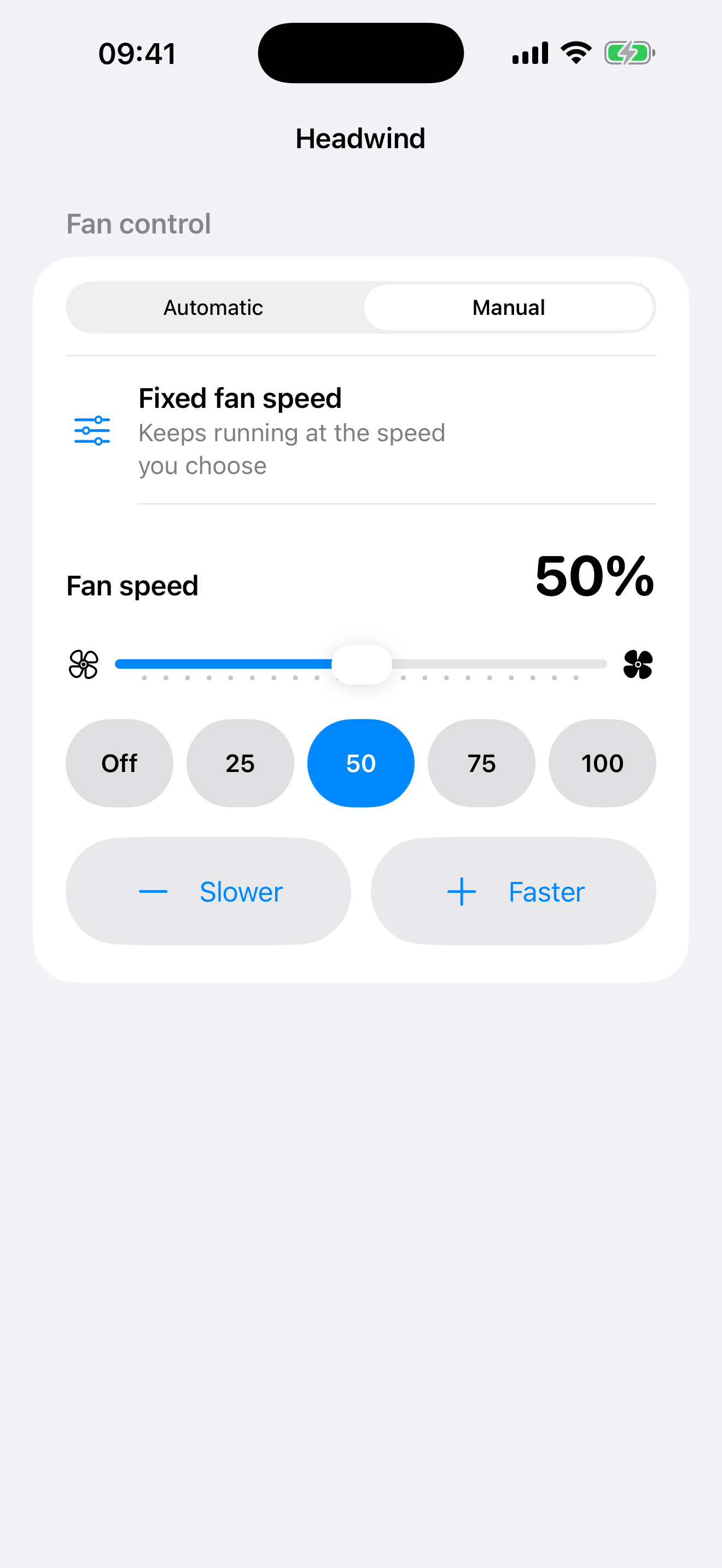 Headwind manual fan control at 50 percent in portrait