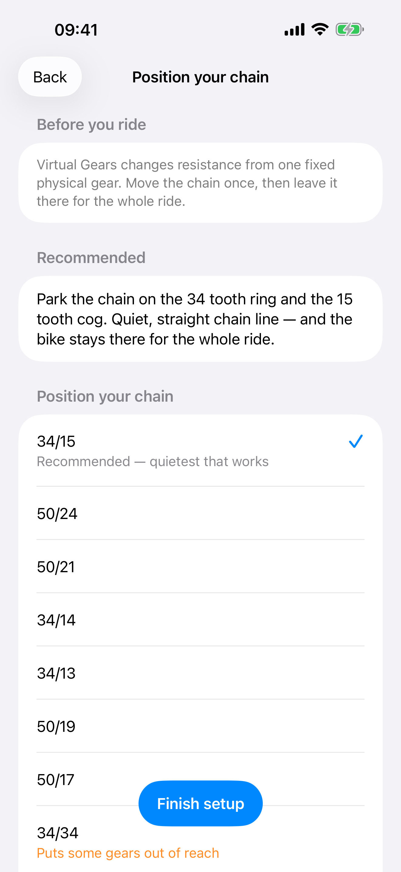 Parked-gear recommendation naming the exact chainring and cassette cog