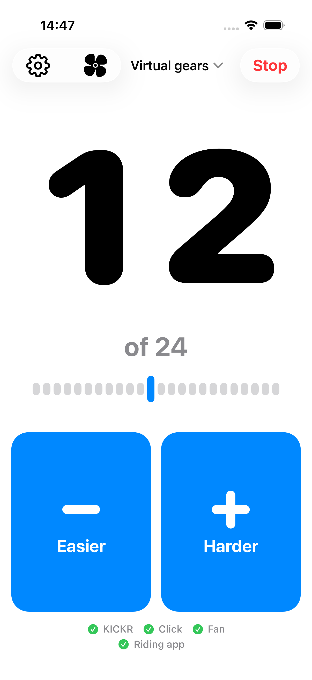 The ride screen, showing gear 12 of 24 with the Headwind connected