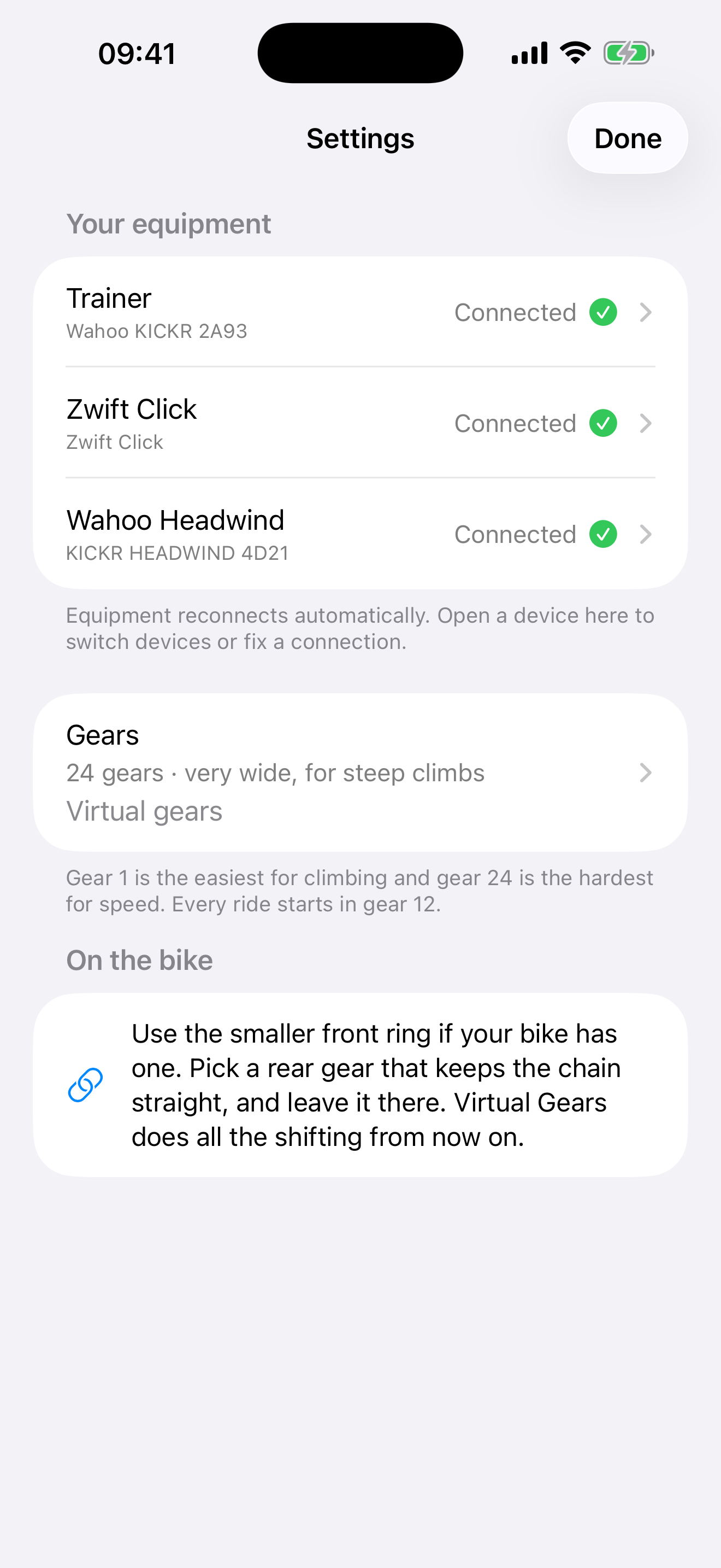 Settings with trainer, Zwift Click and Wahoo Headwind