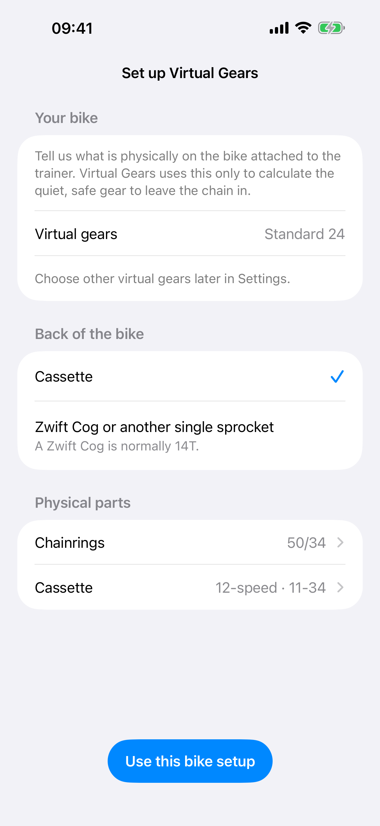 First-run setup asking for the physical chainrings and cassette
